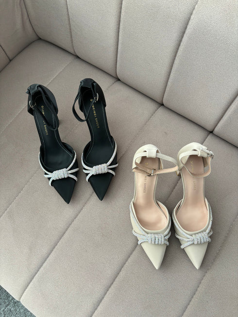 Rhinestone Embedded Pointy Toe Buckle Strap Heels